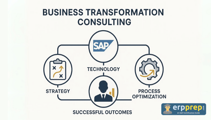 Business Transformation Consulting infographic with SAP, linking strategy, technology, process optimization, success.