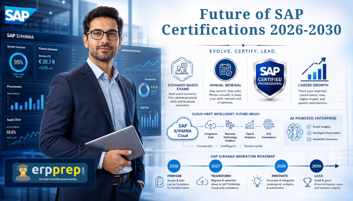 Future of SAP certifications 2026 to 2030 showing a consultant, AI-enabled certification visuals, cloud icons, and career growth elements.