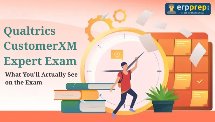 Illustration of a student preparing for the Qualtrics CustomerXM Expert Exam with books, flying papers, and a large clock symbolizing exam readiness.