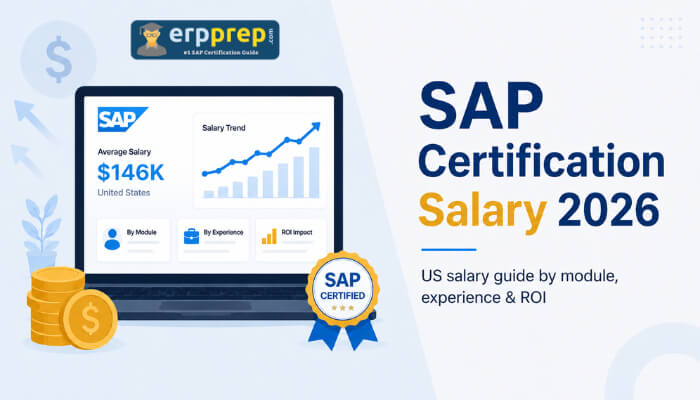 SAP Certification Salary 2026 guide showing $146K average salary, ROI, dashboard, badge and coins