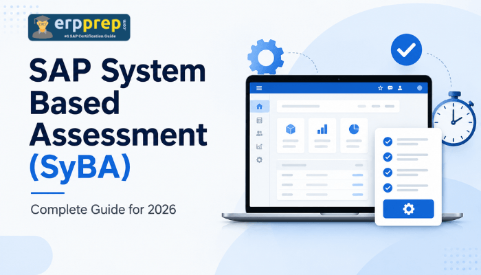 SAP System Based Assessment SyBA guide 2026 feature image with live exam dashboard, checklist and timed certification