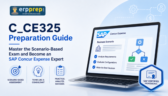 C_CE325 Exam Format preparation guide featuring SAP Concur Expense scenario-based assessment, consultant decision-making icons, and certification practice visual.