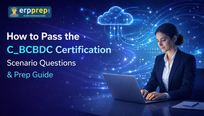 Consultant preparing for C_BCBDC certification using scenario-based questions and SAP Business Data Cloud exam practice on laptop