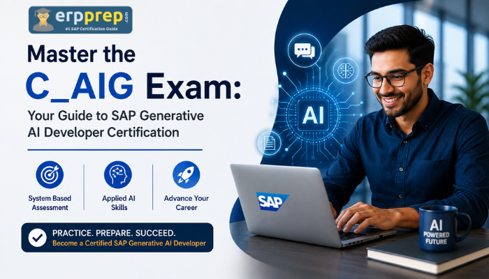 SAP C_AIG certification exam preparation banner featuring AI developer, system based assessment, SAP Generative AI Hub, and practical AI skills training.