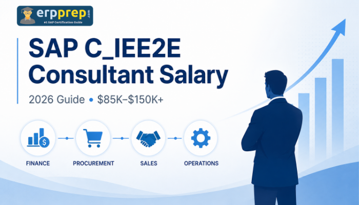 SAP C_IEE2E consultant salary guide showing $85K–$150K+ range, business process icons and an upward career growth chart.