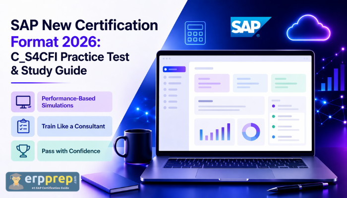 SAP New Certification Format 2026 banner with C_S4CFI practice test guide and S/4HANA cloud finance visuals