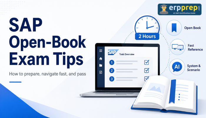 SAP open-book exam tips infographic with 2-hour timer, task checklist, reference icons, and study guide visuals
