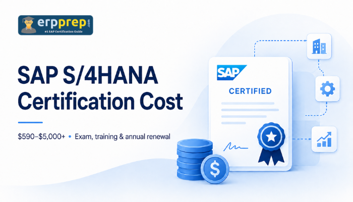 SAP S/4HANA certification cost graphic showing exam fees, training, annual renewal, certificate and dollar icons