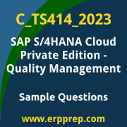 Get C_TS414_2023 Dumps Free, and SAP S/4HANA Cloud Private Edition Quality Management PDF Download for your SAP S/4HANA Cloud Private Edition - Quality Management Certification. Access C_TS414_2023 Free PDF Download to enhance your exam preparation.